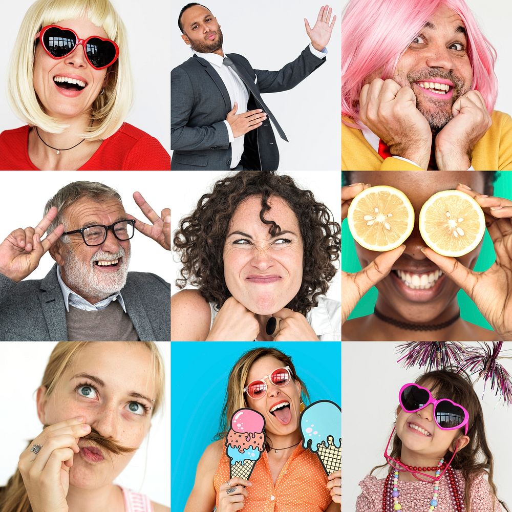 Set of Diversity People Face Expression Emotion Studio Collage