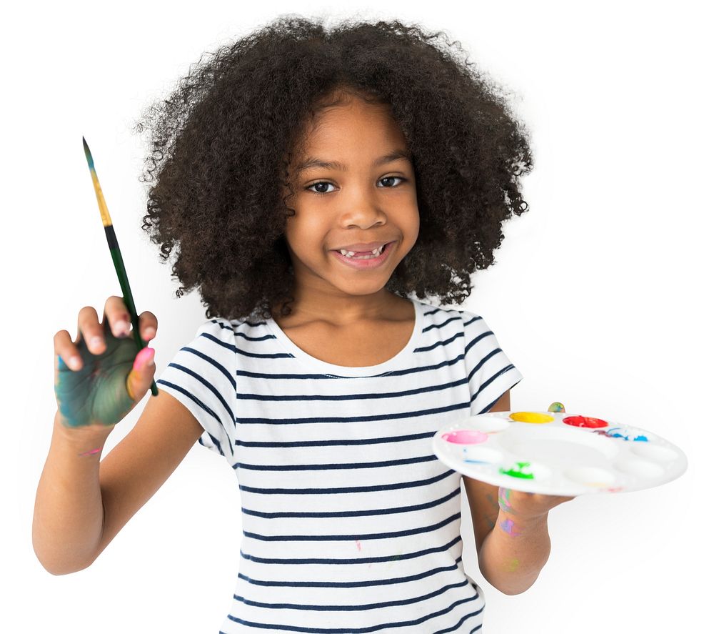 Little Girl Hands Hold Colors Plate Paint
