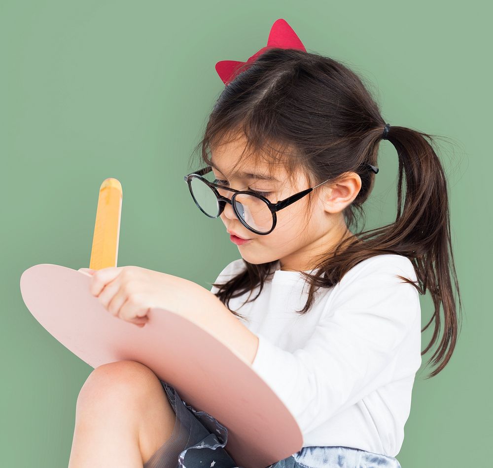 Little Girl Wear Glasses Hands Hold Pencil