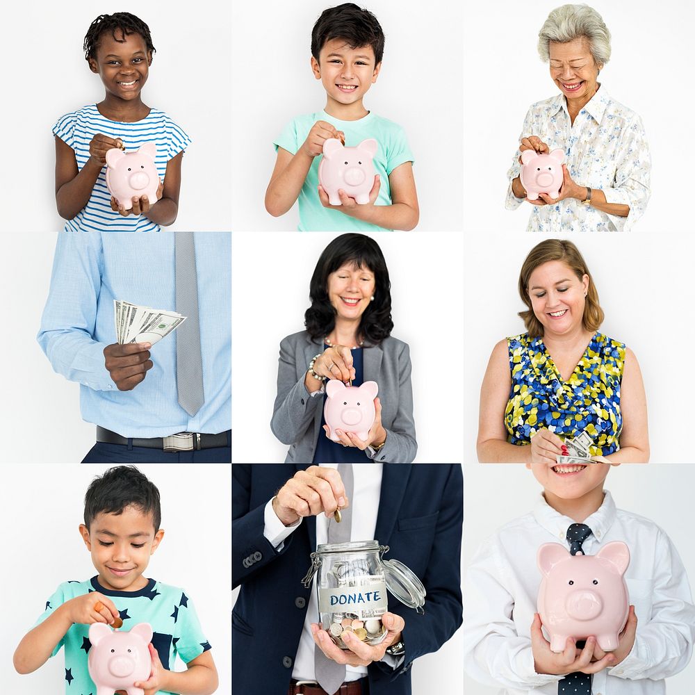 Set of Diversity People Saving Money by Piggy Bank Studio Collage