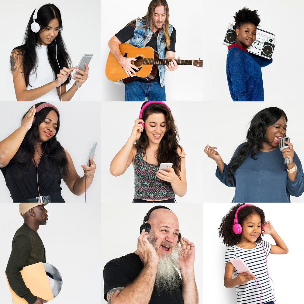 Set of Diversity People Listening Music Studio Collage
