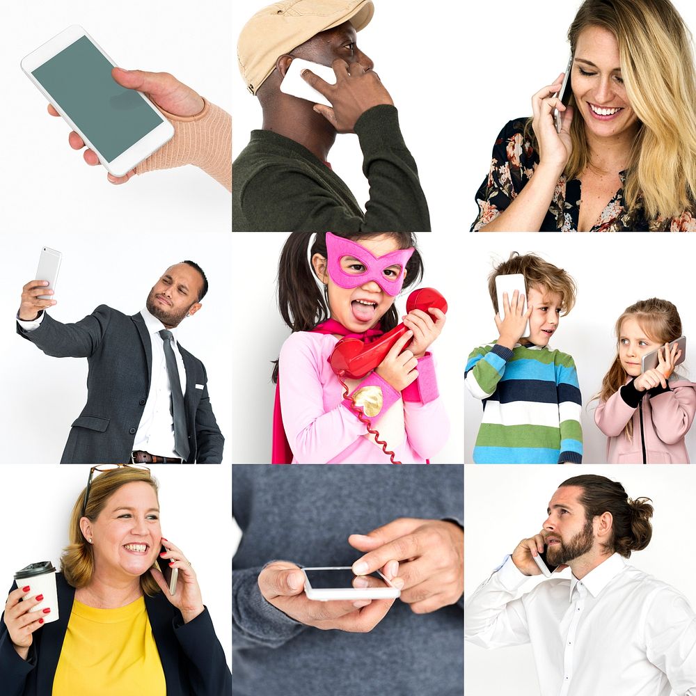 Set of Diverse People Using Telephone Studio Collage