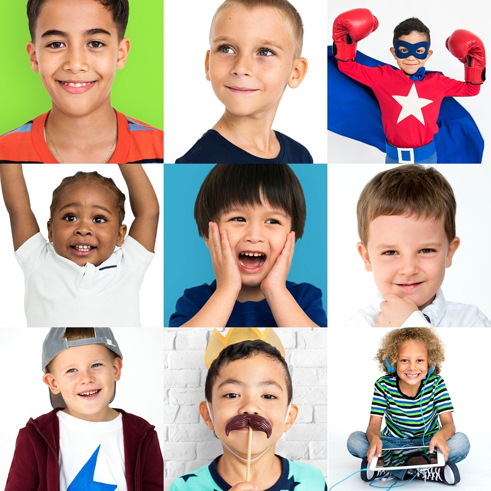 Collage of diversity boys with happy emotional