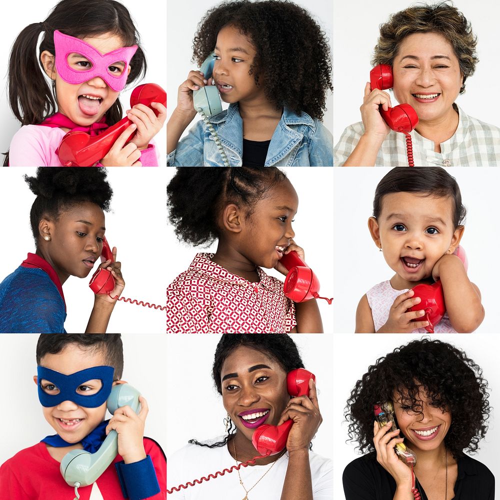 Set of Diverse People Using Telephone Studio Collage