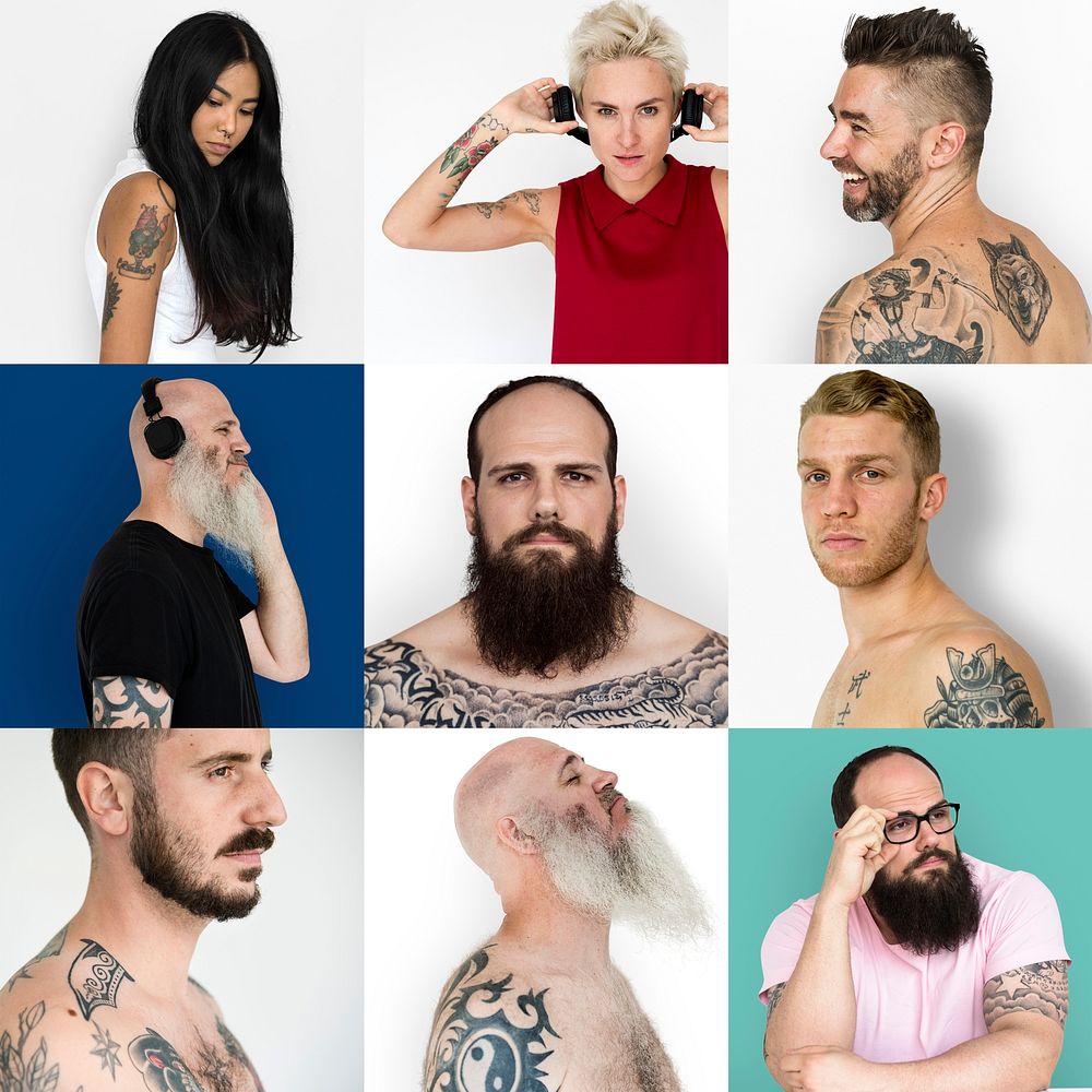 Set of Diversity People Showing Tattoo Lifestyle Studio Collage