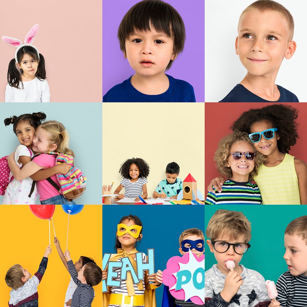 People Set of Diversity Kids Playful Studio Collage