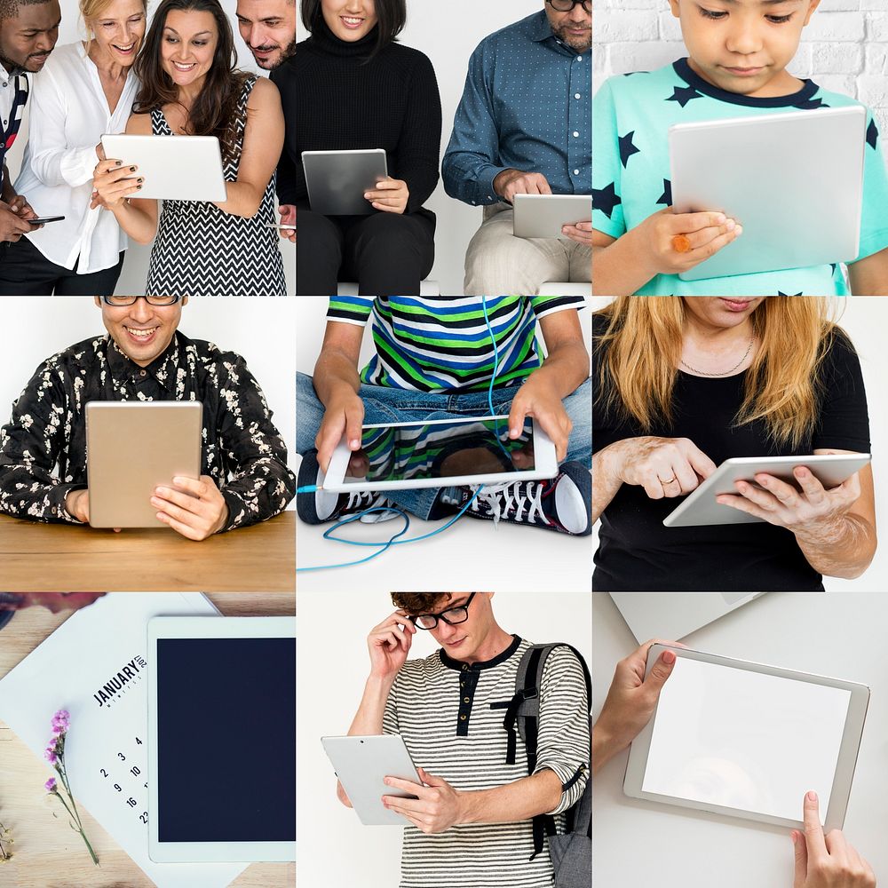 Collage of people using tablet mobility networking connection