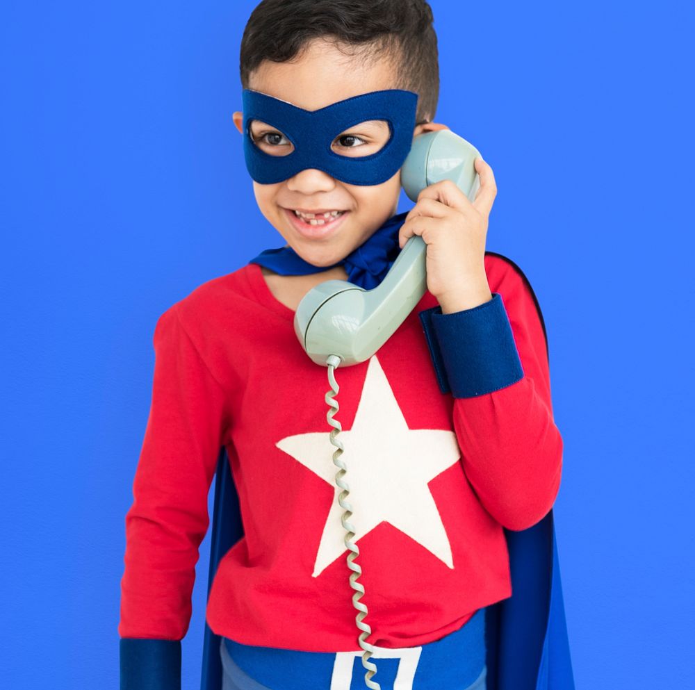 Superhero Boy with Telephone Concept