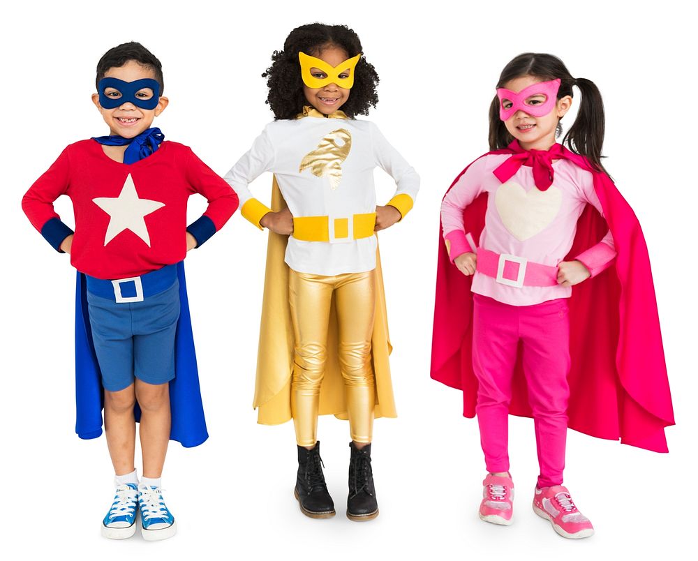 Superhero kids wearing colorful costumes