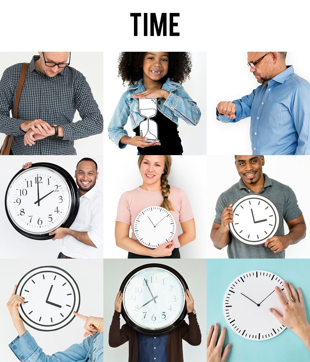 Set of Diverse People With Time Management Studio Collage