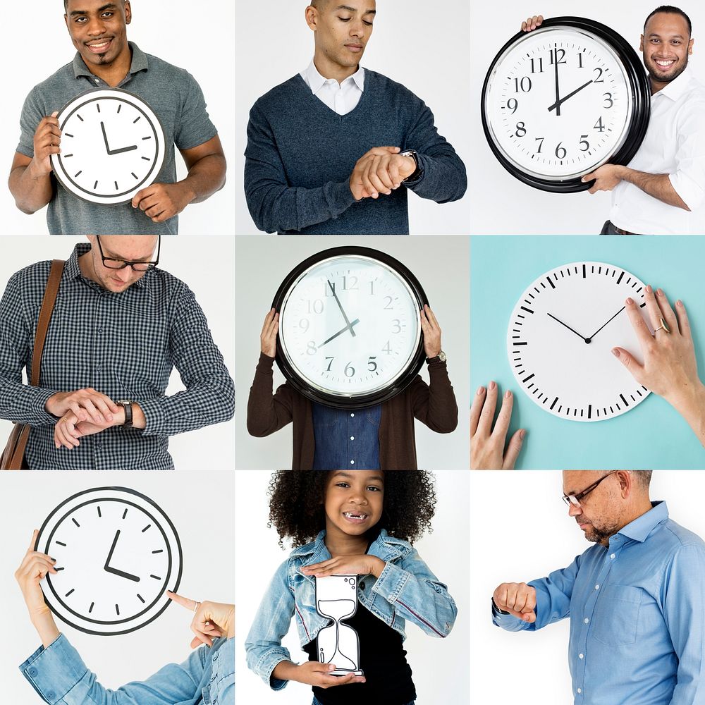 Set of Diverse People With Time Management Studio Collage