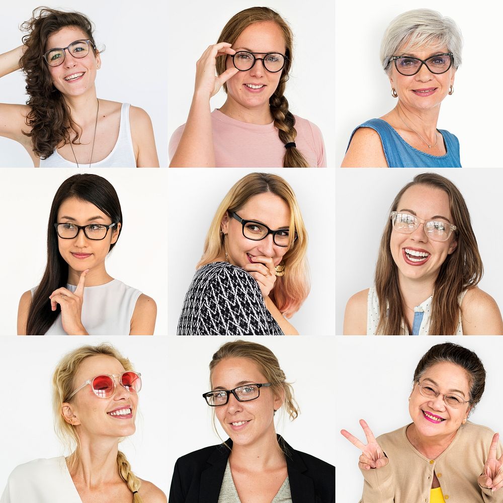 People Set of Diversity Women Wearing Eyeglasses Studio Collage