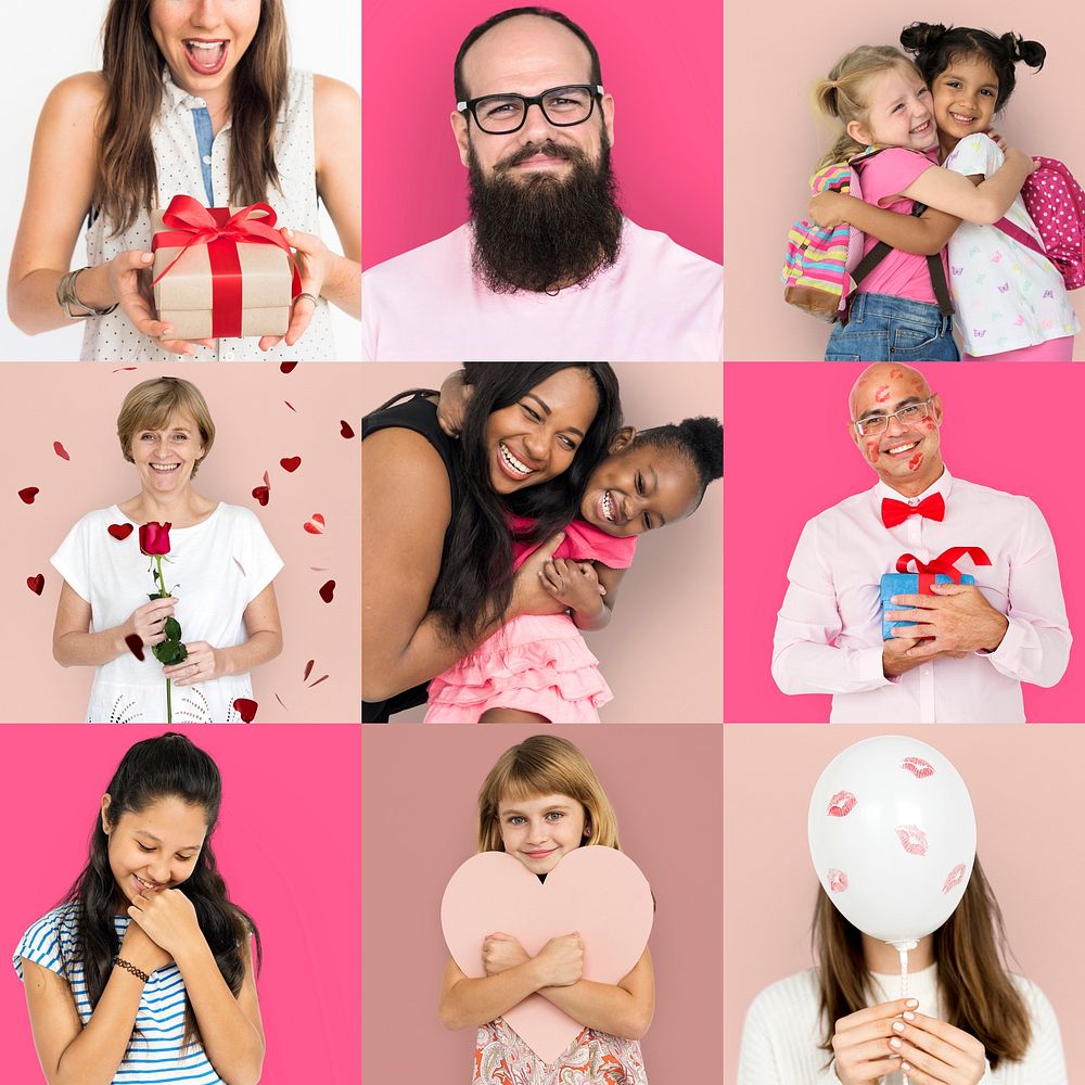 Set of people collage with love sign and gift studio shoot