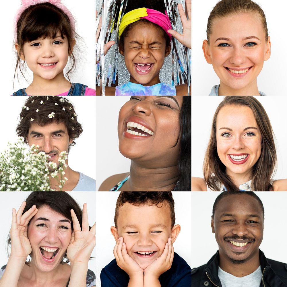 Collage of people smiling cheerful happiness face expression