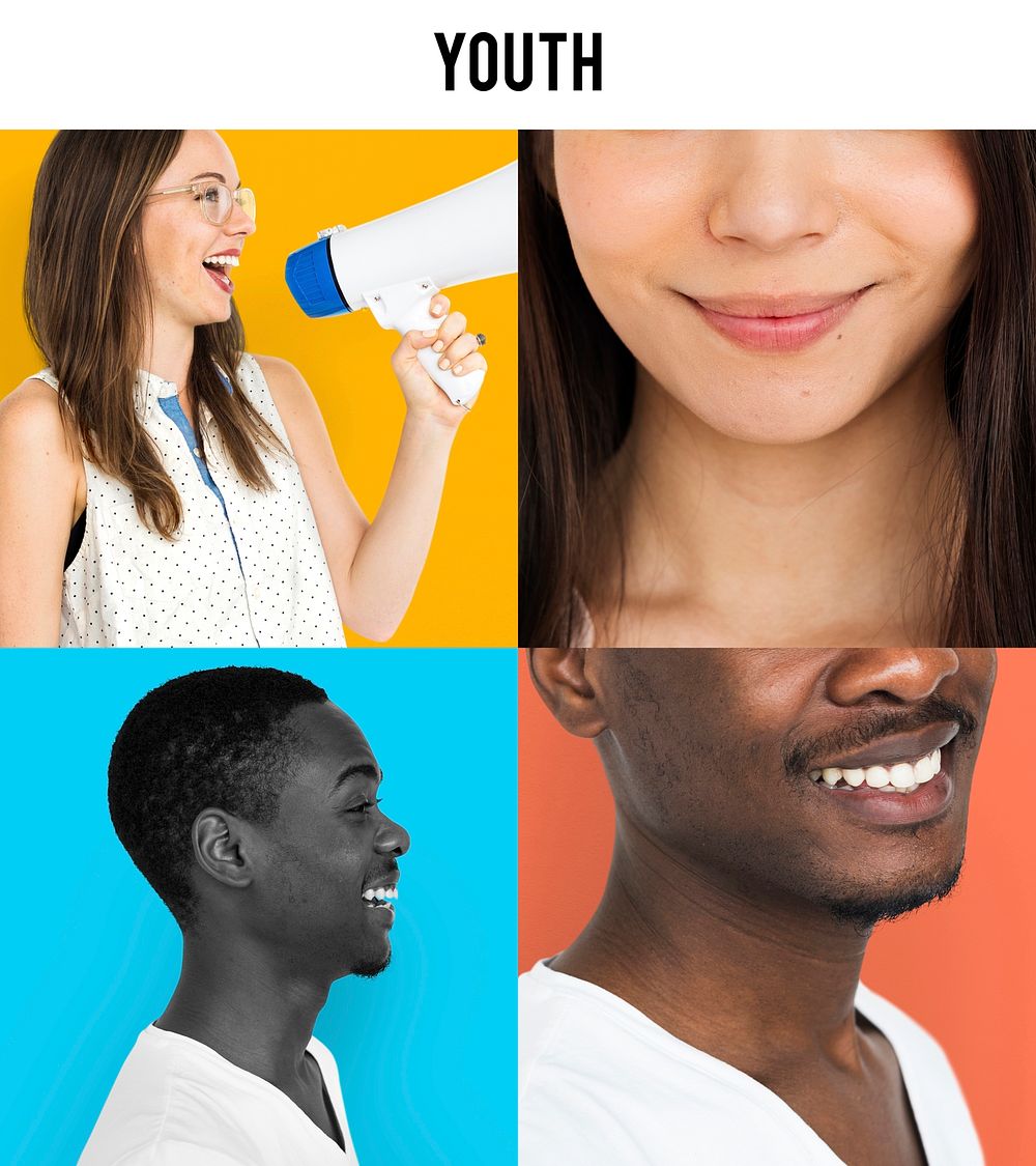 Set of Diversity Young Adult People Happy Face Expression Emotion Studio Collage