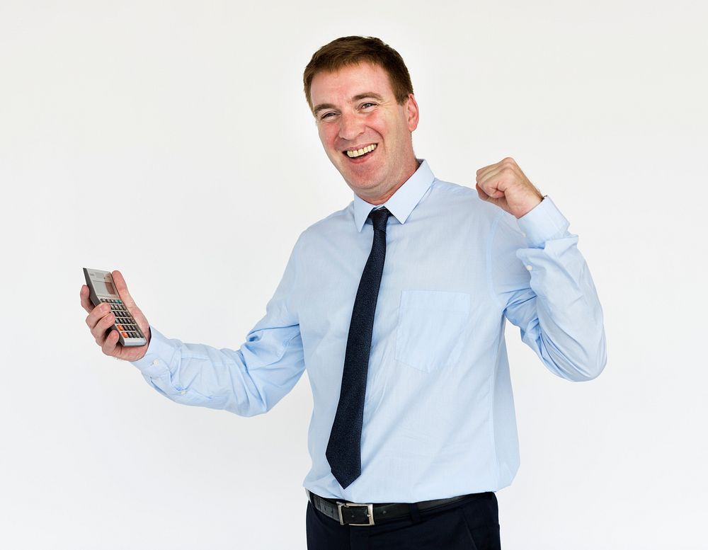 Businessman Smiling Happiness Calculator Success Portrait Concept