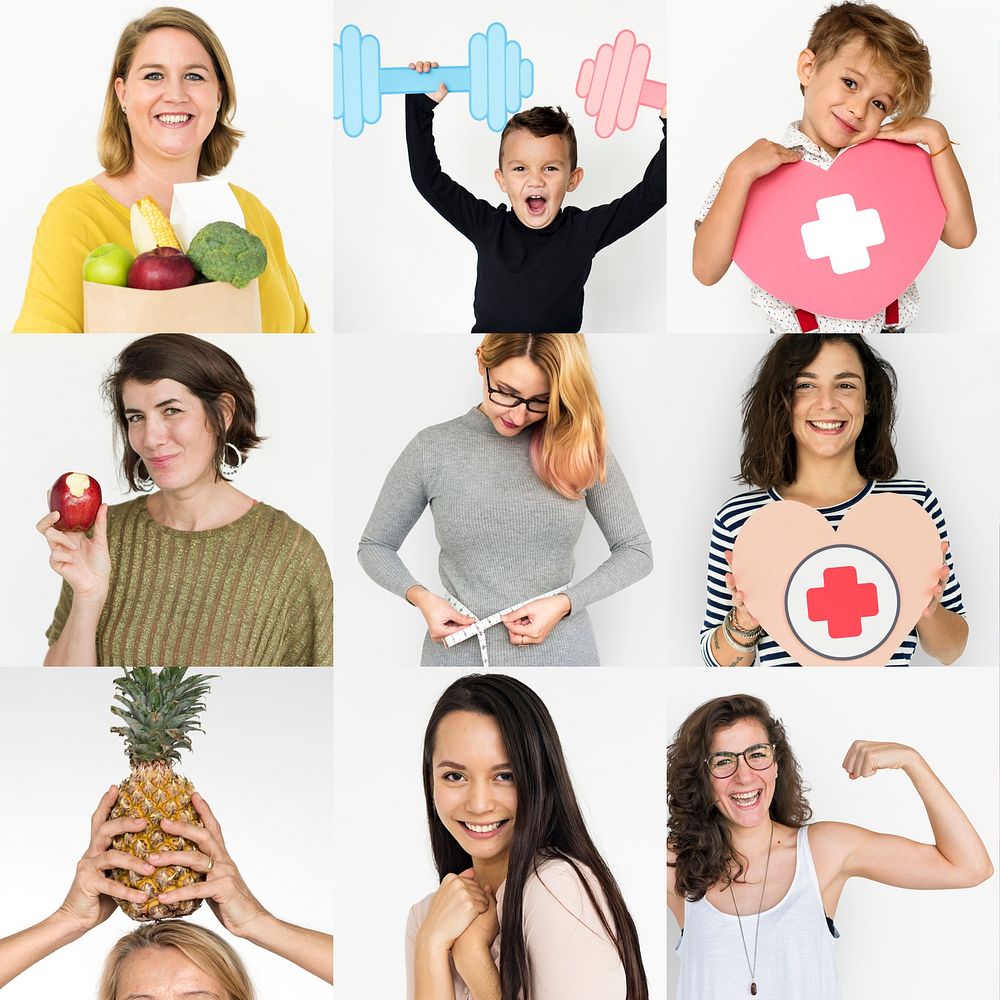 Set of Diversity People with Healthy Living Style Studio Collage