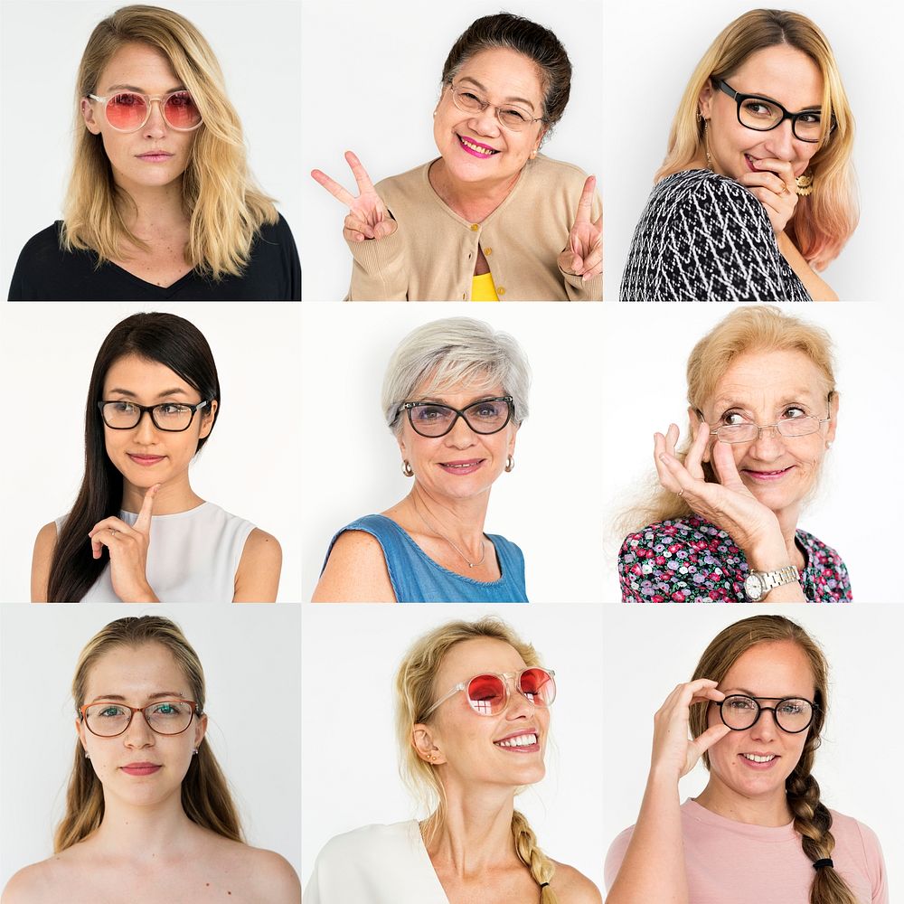 People Set of Diversity Women Wearing Eyeglasses Studio Collage