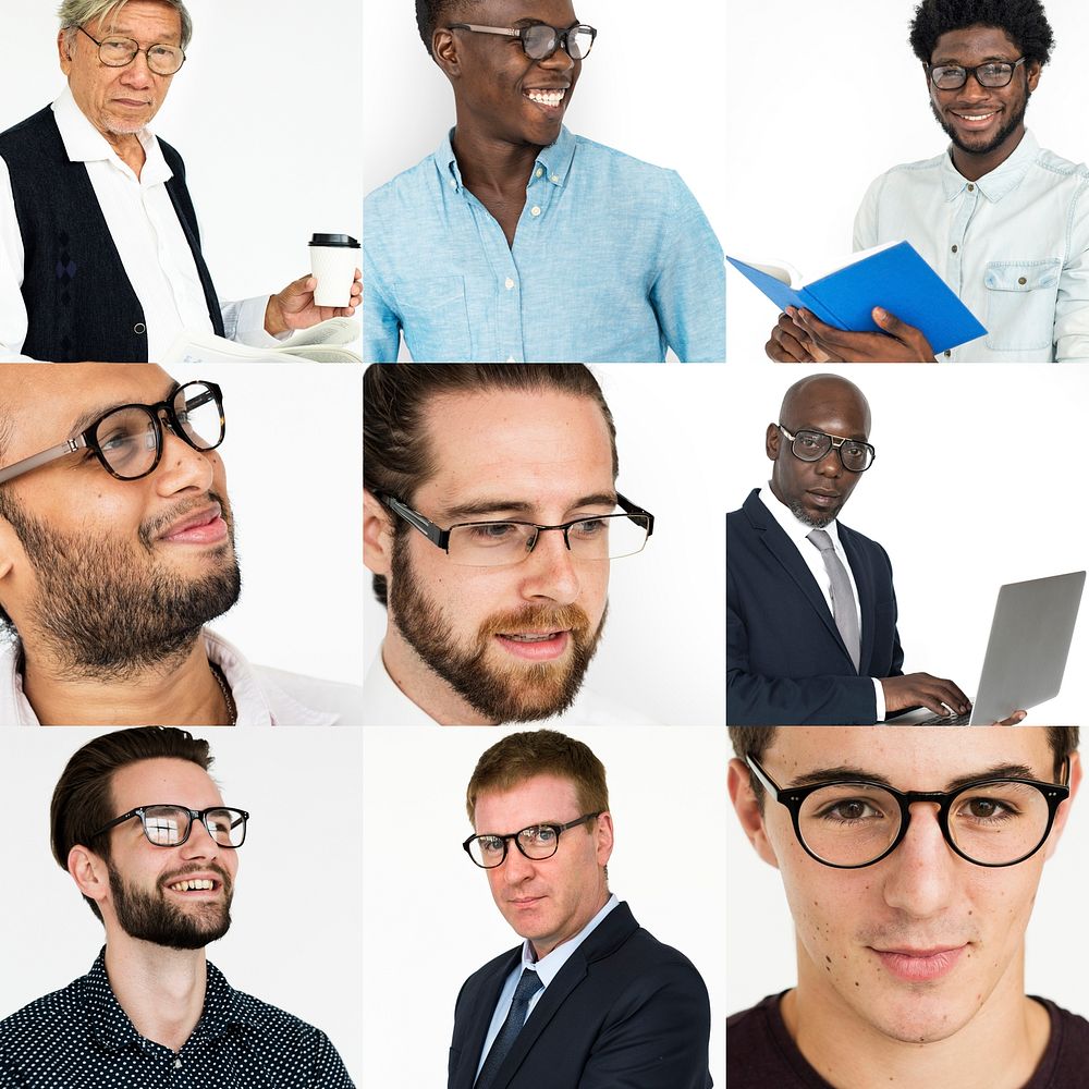People Set of Diversity Men Wearing Eyeglasses Studio Collage