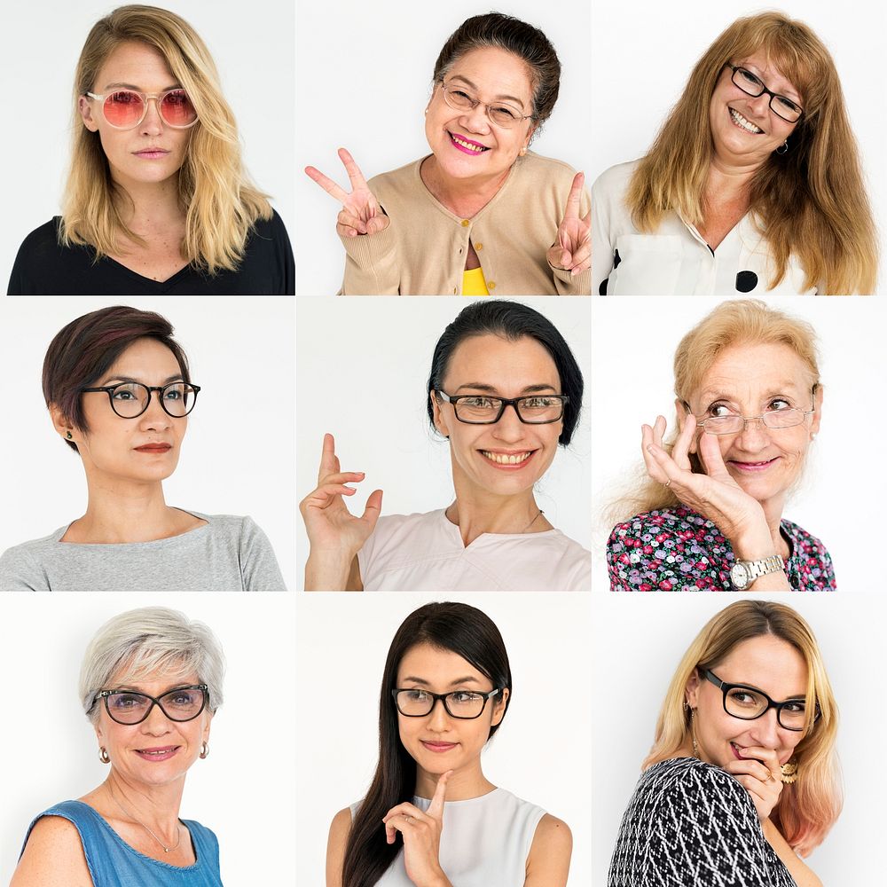 People Set of Diversity Women Wearing Eyeglasses Studio Collage