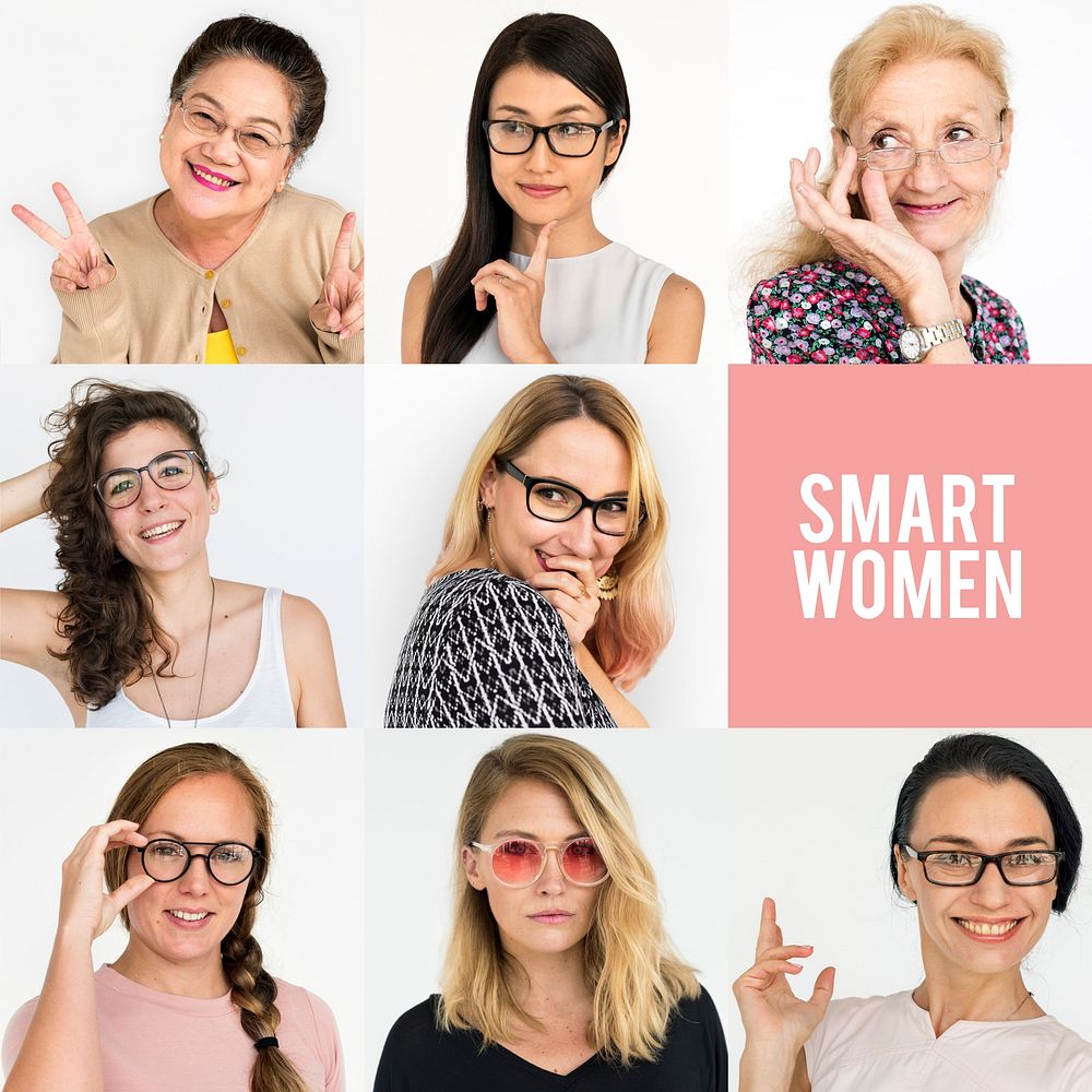 People Set of Diversity Smart Women Wearing Eyeglasses Studio Collage