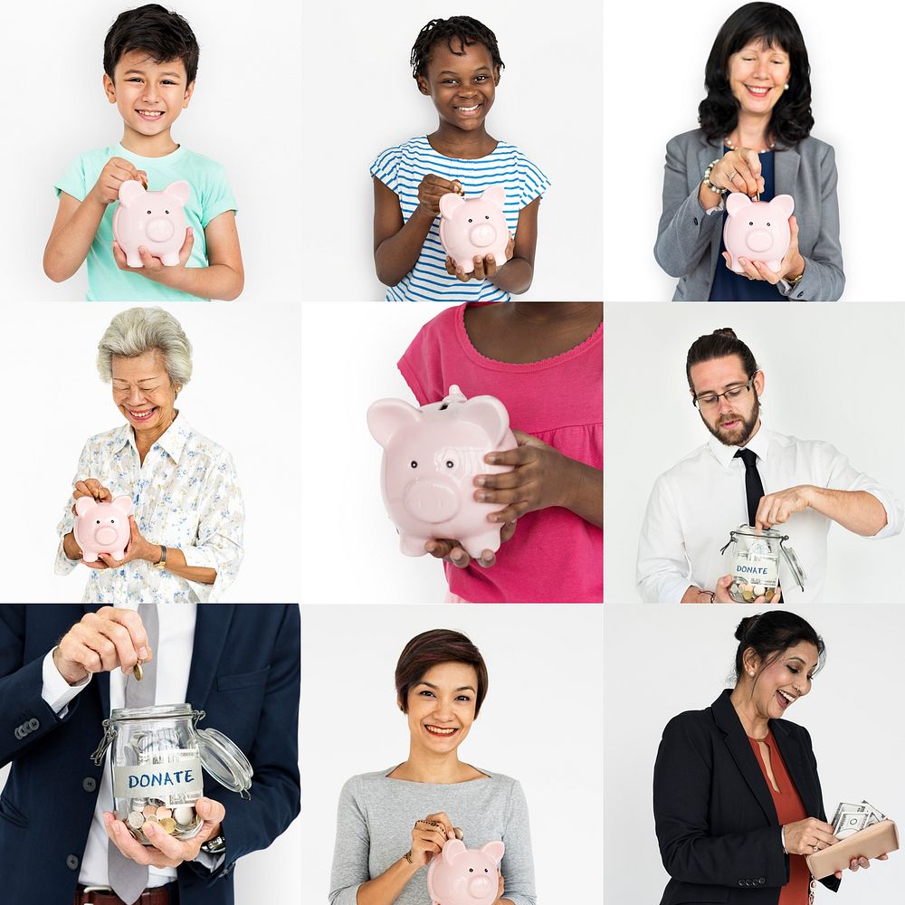 Collages diverse people savings piggy bank