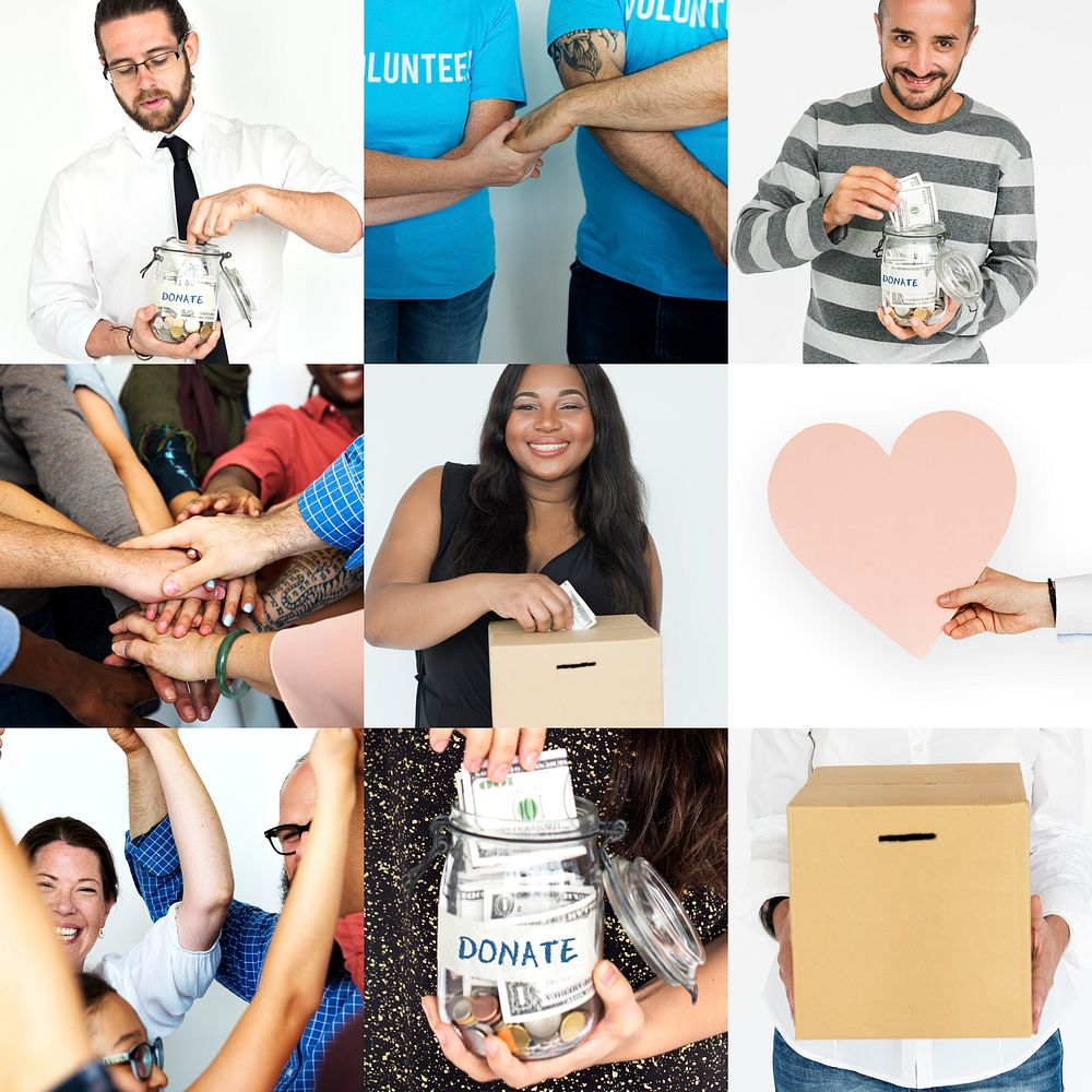 Group of Diverse Volunteer Charity Donation Support Studio Collage Isolated