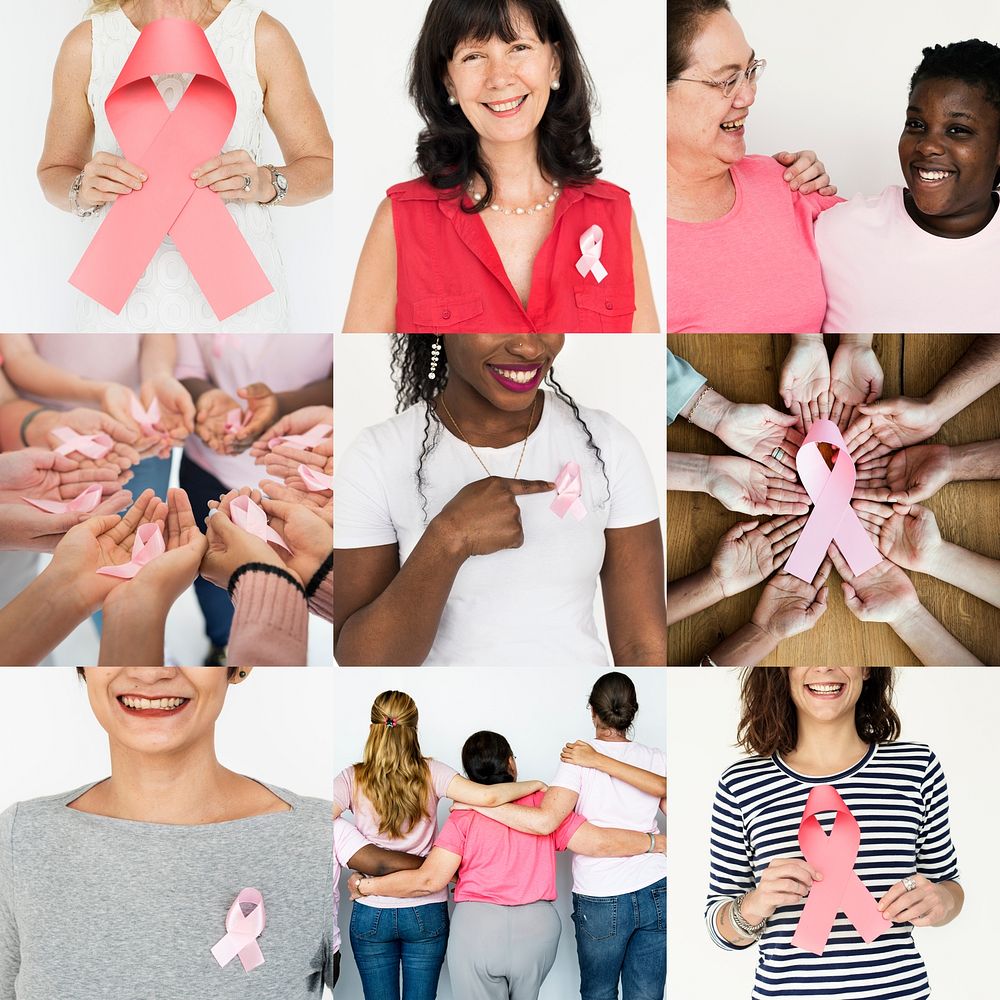 Collection of women with pink ribbon breast cancer symbol