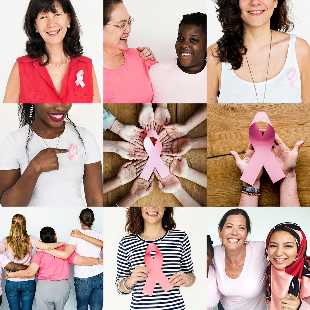 Collection of women with pink ribbon breast cancer symbol