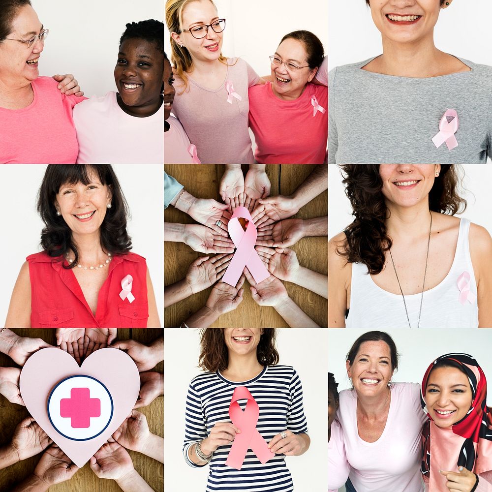 Collection of women with pink ribbon breast cancer symbol