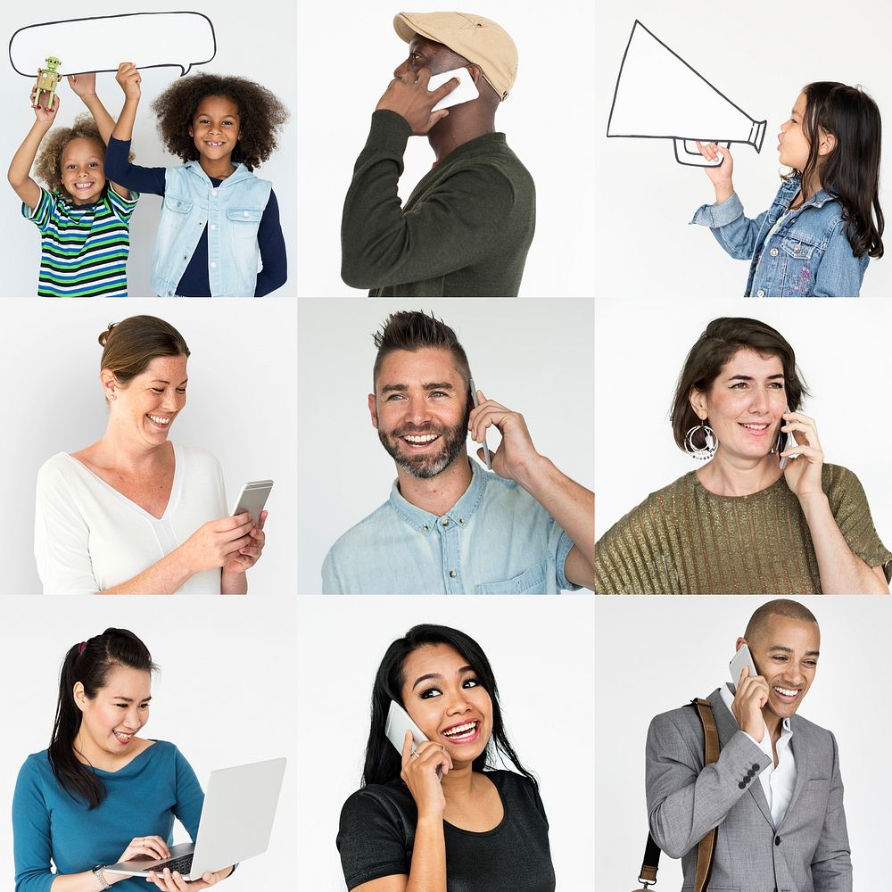 Set of Diverse People With Telephone Communication Studio Collage