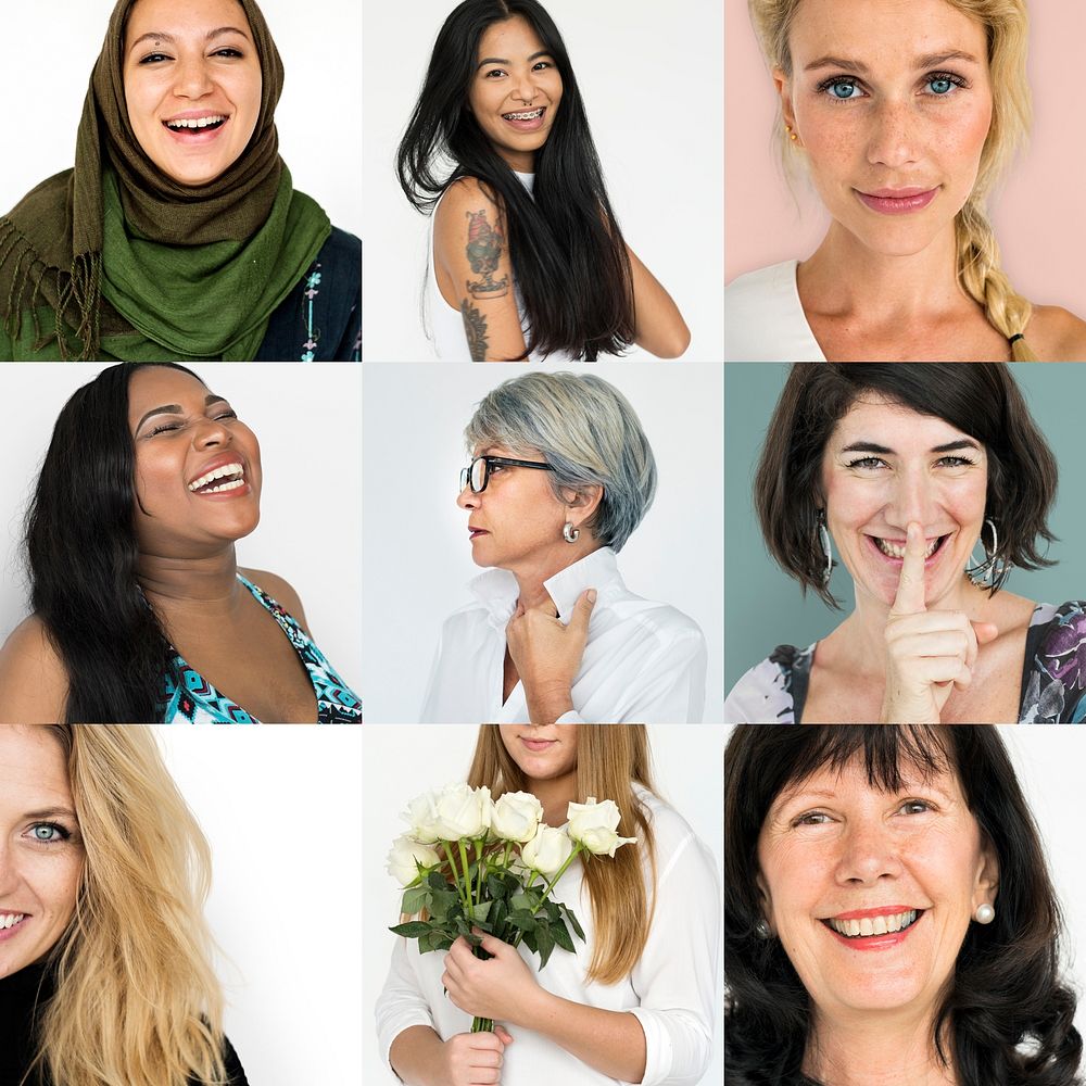 Set of Diversity Women Face Expression Lifestyle Studio Collage