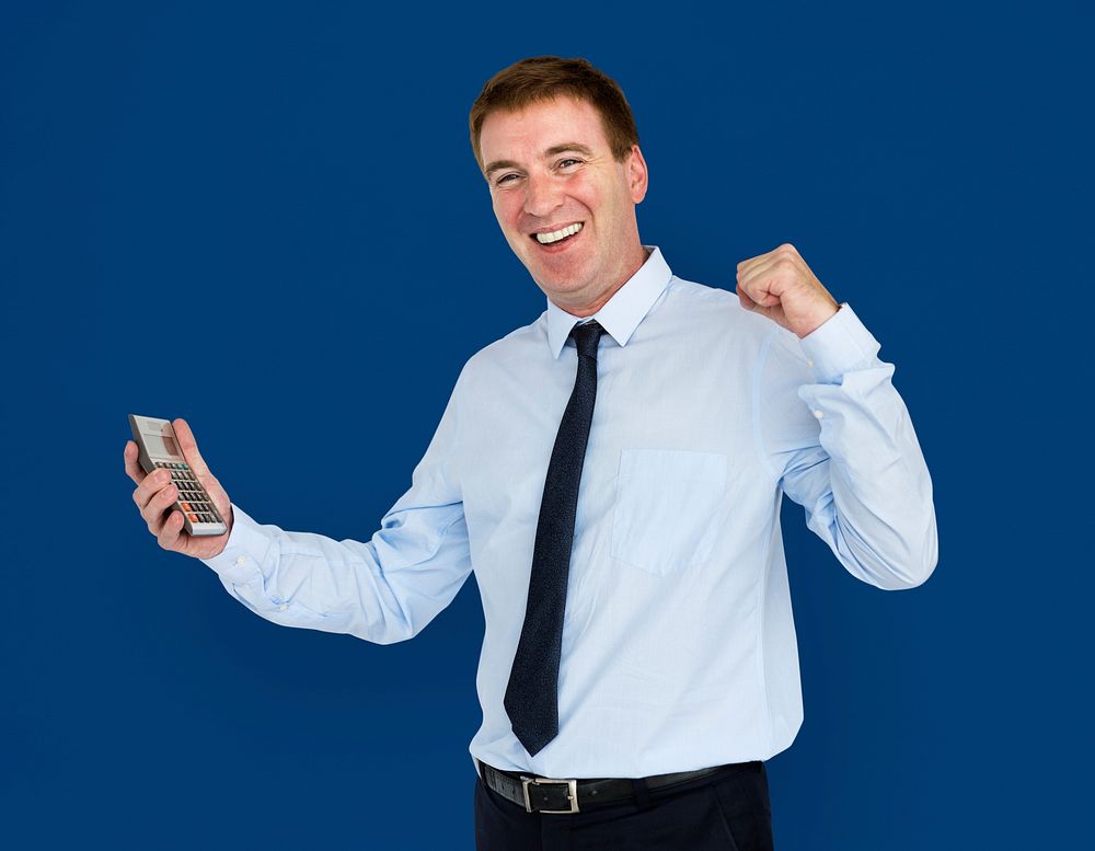 Caucasian Business Man Calculator Smiling