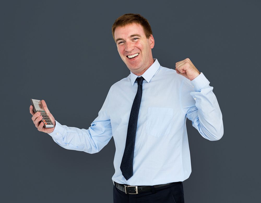 Caucasian Business Man Calculator Smiling