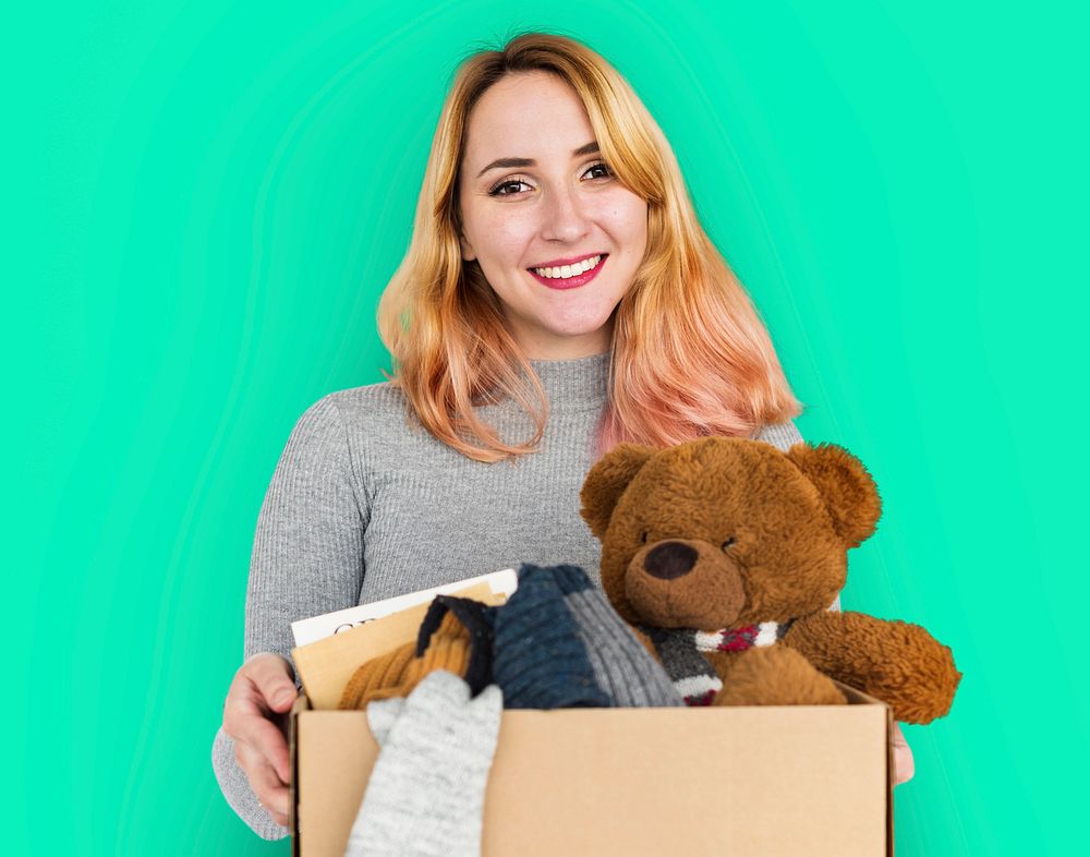 Woman Studio Portriat Casual Carrying a Box Isolated