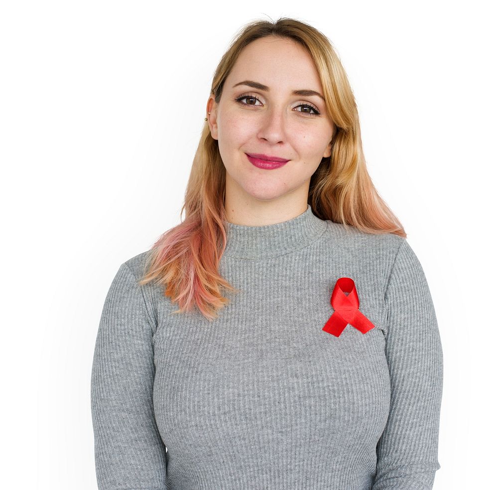 Casual Woman Red Cross Ribbon Cheerful Concept