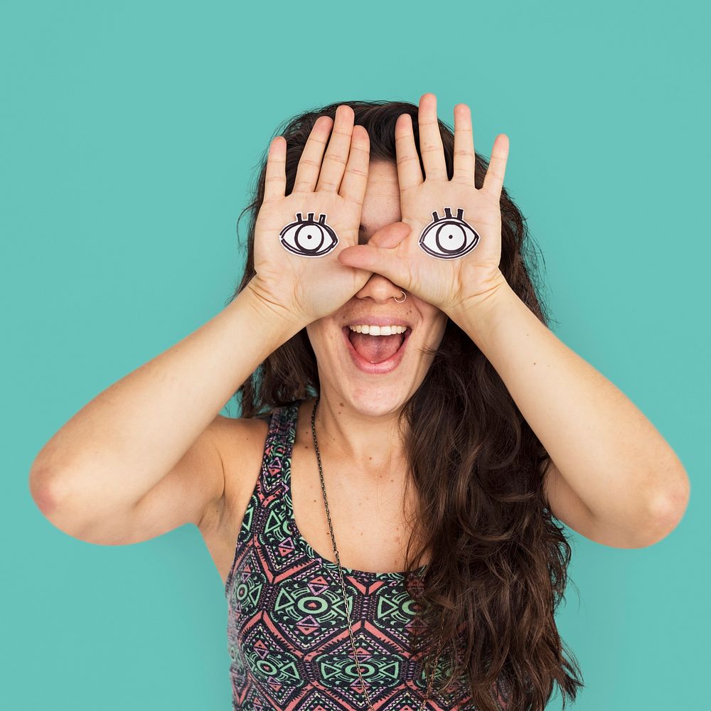 Woman Smiling Happiness Cover Eye Playful Concept