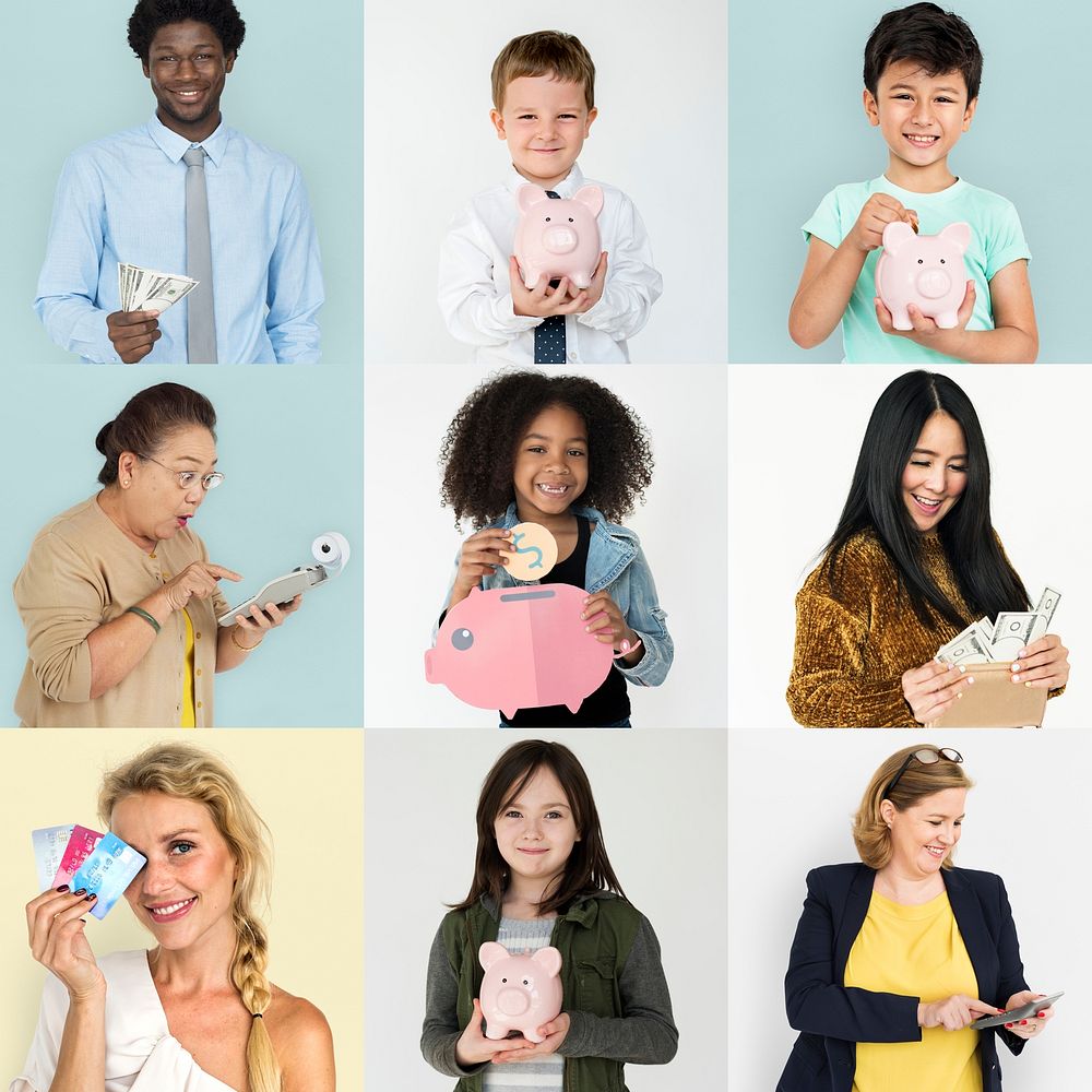 Collages diverse people with savings concept