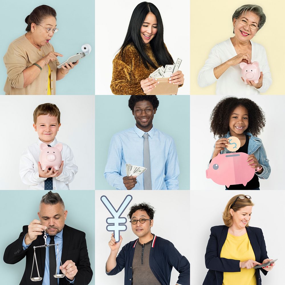 Set of Diversity People with Money Savings Future Plan Studio Collage