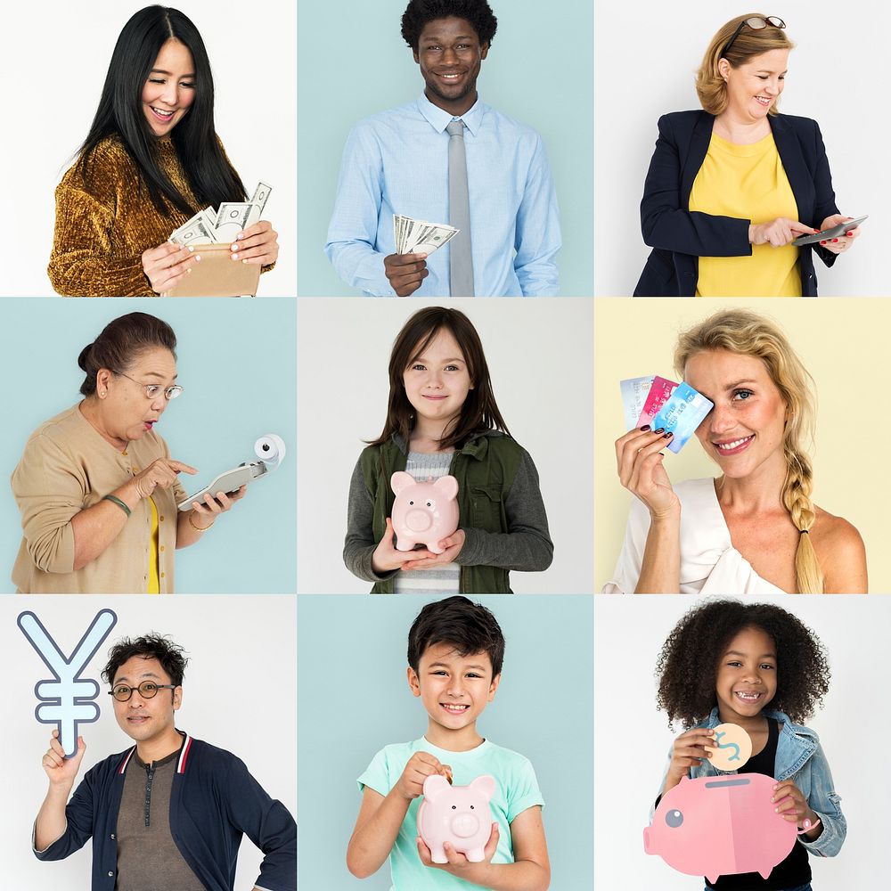 Collages diverse people with savings concept