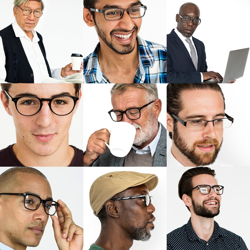 People Set of Diversity Men Wearing Eyeglasses Studio Collage