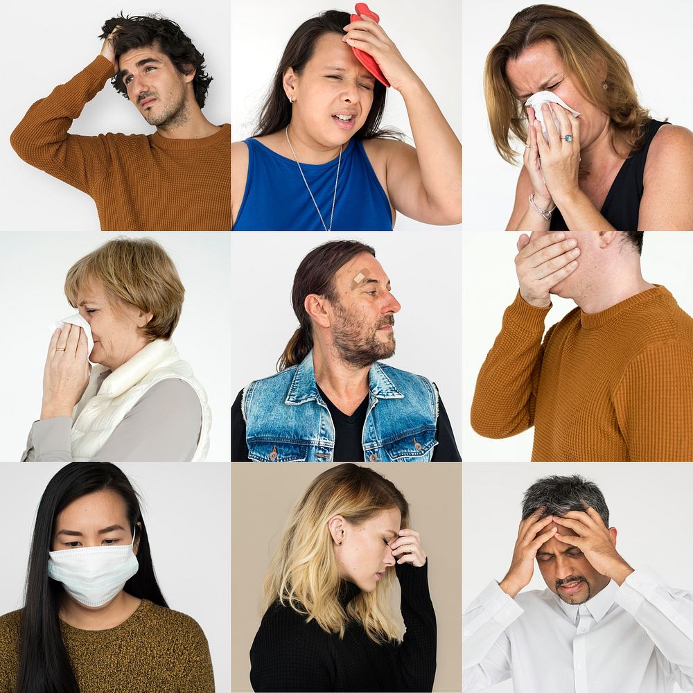 Collages diverse people illness symptoms