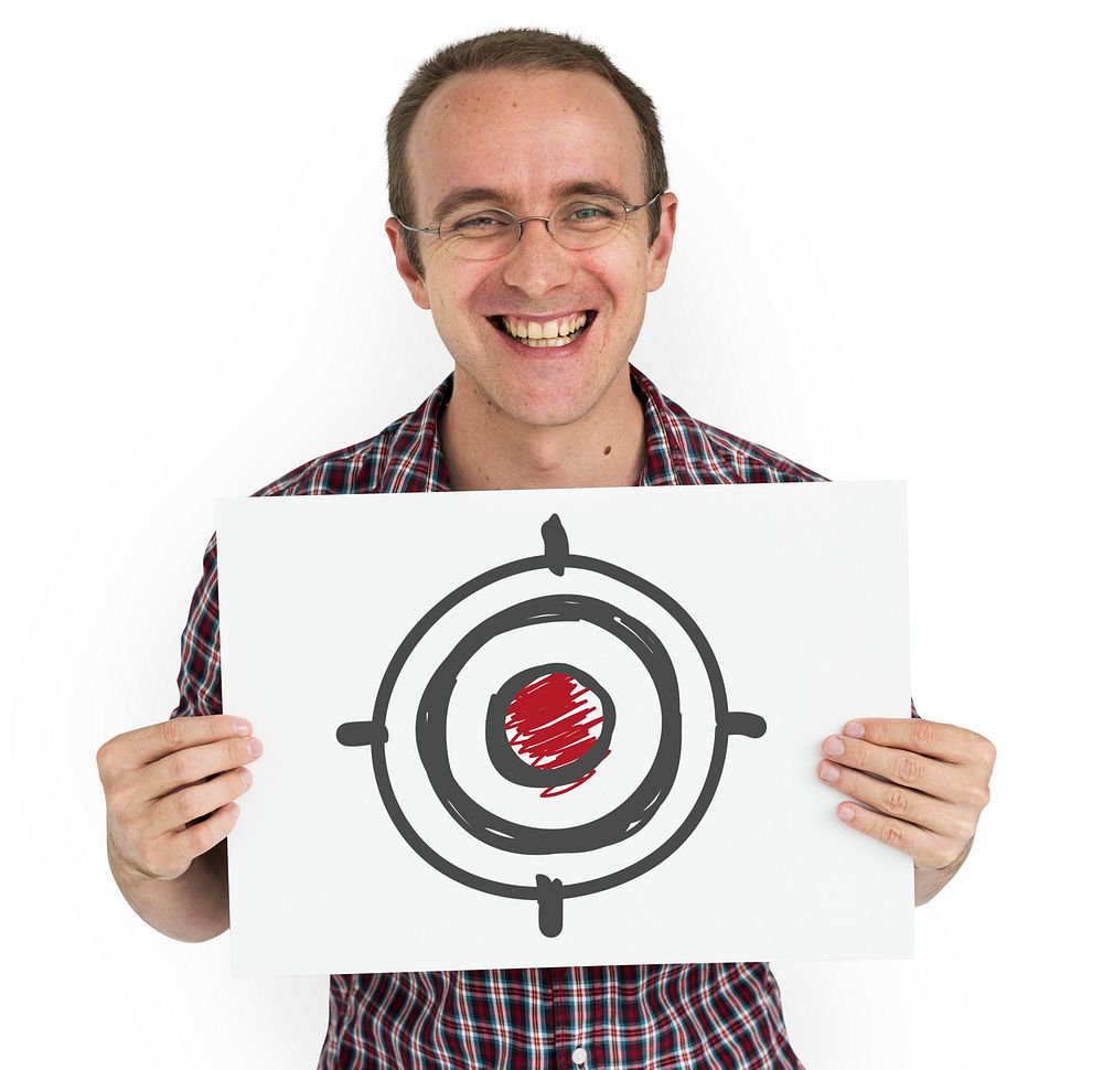 Man holding placard with target aim icon