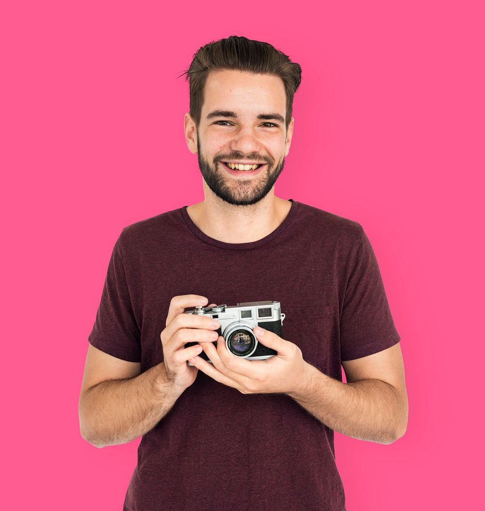 Cheerful Guy Man Holding Camera Photo Concept
