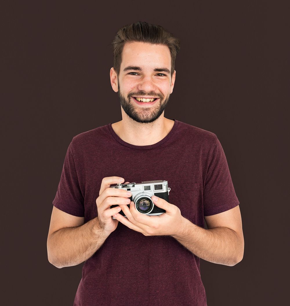 Cheerful Guy Man Holding Camera Photo Concept