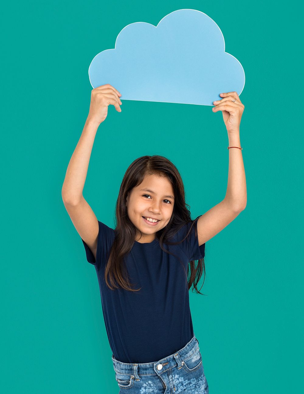 Cheerful Little Girl Holding Cloud Concept