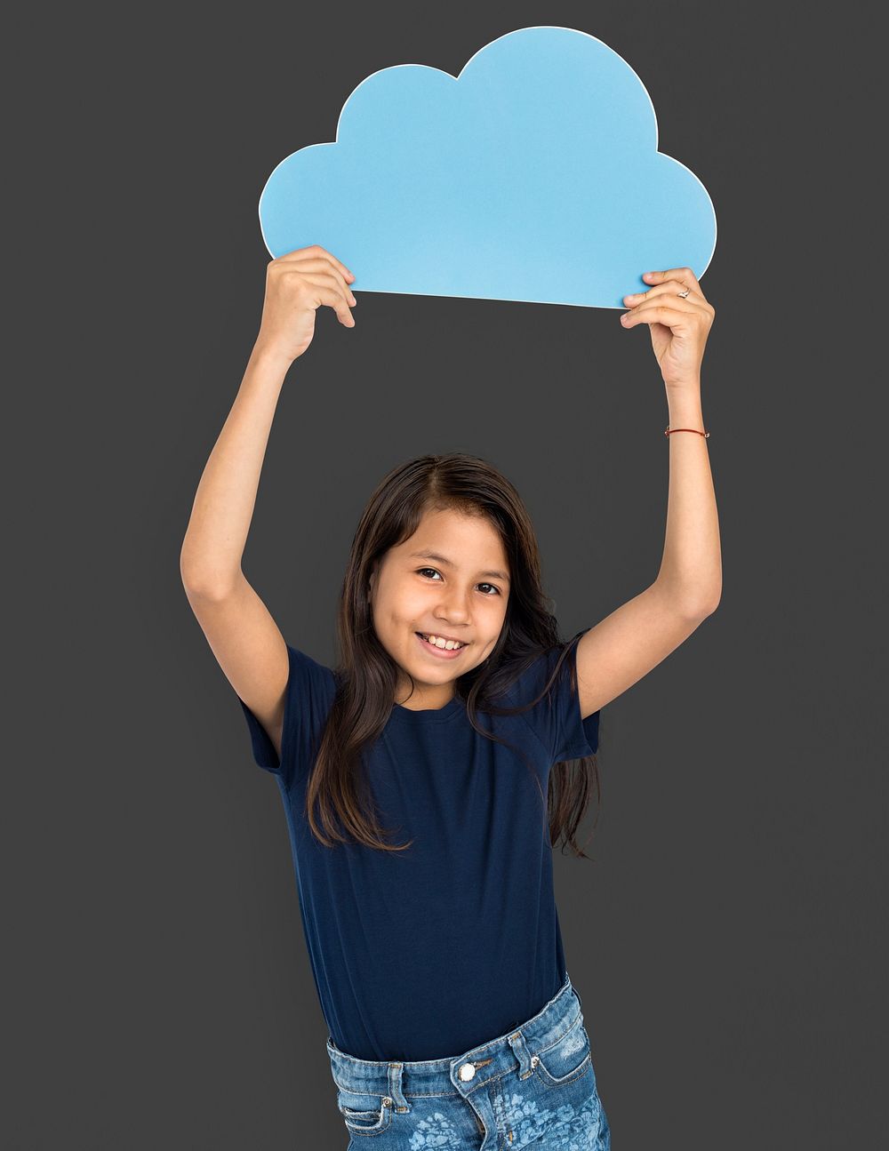 Cheerful Little Girl Holding Cloud Concept