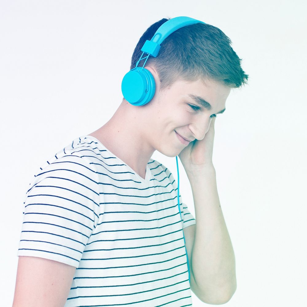 Young Man Wear Earphone Listen Music Studio