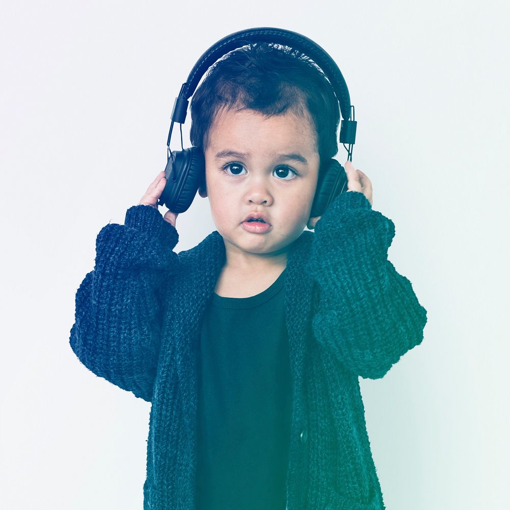 Little Boy Wear Headphone Listen Music Studio