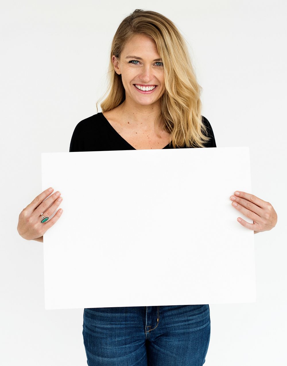 Female Holding White Blank Placard Concept